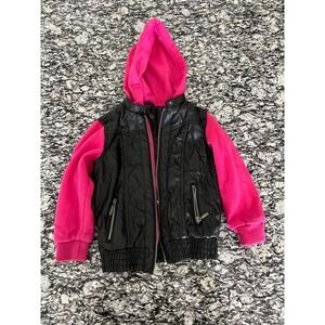 Yoki New York Girls Black Faux Leather Hot Pink Fleece Bomber Jacket M 5-6‎